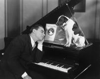 Homem adormecido no piano com cão (todas as pessoas descritas não são umas vivas mais longo e nenhuma propriedade existe Garantia imagem de stock Homem adormecido no piano com cão (todas as pessoas descritas não são umas vivas mais longo e nenhuma propriedade existe Garantia imagem de stock