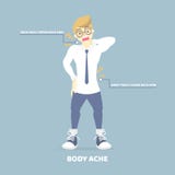 homem cansado que tem a dor do corpo, dor lombar, pescoço, superior, mais baixo, dor da cintura, conceito dos sintomas da doença ilustração royalty free homem cansado que tem a dor do corpo, dor lombar, pescoço, superior, mais baixo, dor da cintura, conceito dos sintomas da doença ilustração royalty free