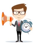 Homem de negócio com um megafone que olha o e que guarda um despertador em sua mão ilustração do vetor Homem de negócio com um megafone que olha o e que guarda um despertador em sua mão ilustração do vetor
