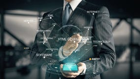 Homem de negócios com conceito do holograma do desenvolvimento do HTML Homem de negócios com conceito do holograma do desenvolvimento do HTML