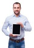 Homem de negócios na camisa azul com tablet pc foto de stock royalty free Homem de negócios na camisa azul com tablet pc foto de stock royalty free