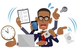 Homem de negócios ocupado, afro-americano, homem negro ilustração royalty free Homem de negócios ocupado, afro-americano, homem negro ilustração royalty free