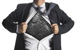 Homem de negócios que mostra um terno do super-herói debaixo da maquinaria imagem de stock royalty free Homem de negócios que mostra um terno do super-herói debaixo da maquinaria imagem de stock royalty free