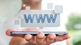 Homem de negócios que surfa no Internet usando a barra tátil 3D do endereço da Web ilustração do vetor Homem de negócios que surfa no Internet usando a barra tátil 3D do endereço da Web ilustração do vetor