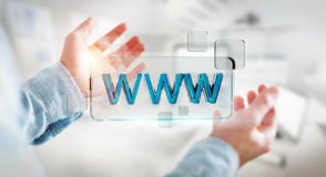 Homem de negócios que surfa no Internet usando a barra tátil 3D do endereço da Web ilustração royalty free Homem de negócios que surfa no Internet usando a barra tátil 3D do endereço da Web ilustração royalty free