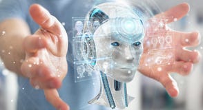 Homem de negócios que usa a relação digital 3D r da inteligência artificial ilustração do vetor Homem de negócios que usa a relação digital 3D r da inteligência artificial ilustração do vetor