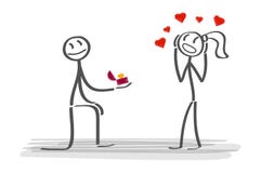 Homem feliz dos desenhos animados em seu fundo da ilustração do vetor do dia de Valentim da mulher da proposta do joelho ilustração stock Homem feliz dos desenhos animados em seu fundo da ilustração do vetor do dia de Valentim da mulher da proposta do joelho ilustração stock
