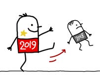 Homem 2019 grande dos desenhos animados que retrocede para fora um 2018 pequeno ilustração stock Homem 2019 grande dos desenhos animados que retrocede para fora um 2018 pequeno ilustração stock