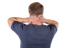 Homem que guarda seu pescoço na dor no fundo branco Mais baixa dor de pescoço Indivíduo que toca em seu pescoço para a dor imagens de stock royalty free Homem que guarda seu pescoço na dor no fundo branco Mais baixa dor de pescoço Indivíduo que toca em seu pescoço para a dor imagens de stock royalty free