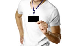 Homem que guarda um crachá Fim acima Fundo isolado foto de stock Homem que guarda um crachá Fim acima Fundo isolado foto de stock