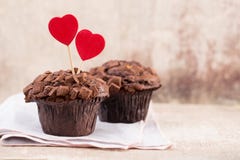 Homemade Chocolate Muffins With Heart, Vintage Background. Stock Images