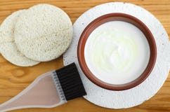 Homemade mask made of sour cream greek yogurt, olive oil and oatmeal. Diy cosmetics royalty free stock photos Homemade mask made of sour cream greek yogurt, olive oil and oatmeal. Diy cosmetics royalty free stock photos