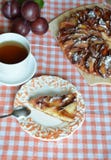 Homemade plum pie, autumn dessert with fresh plums, baking, healthy vegetarian food, a piece of cake on a plate, a cup stock image Homemade plum pie, autumn dessert with fresh plums, baking, healthy vegetarian food, a piece of cake on a plate, a cup stock image