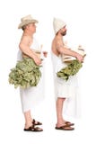 Homens de meia idade com os galhos do carvalho para o banho do russo fotografia de stock Homens de meia idade com os galhos do carvalho para o banho do russo fotografia de stock