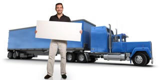 Homme avec le message et le camion photos stock Homme avec le message et le camion photos stock