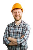 Homme barbu heureux drôle dans un casque photographie stock libre de droits Homme barbu heureux drôle dans un casque photographie stock libre de droits