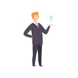 Homme d'affaires avec l'ampoule, caractère réussi d'affaires ayant l'illustration de vecteur d'idée sur un fond blanc illustration stock Homme d'affaires avec l'ampoule, caractère réussi d'affaires ayant l'illustration de vecteur d'idée sur un fond blanc illustration stock