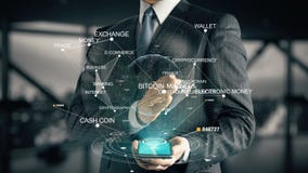 Homme d'affaires avec l'exploitation de Bitcoin Homme d'affaires avec l'exploitation de Bitcoin