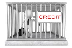 Homme d'affaires dans la cage en métal avec le plat de signe de crédit rendu 3d illustration libre de droits Homme d'affaires dans la cage en métal avec le plat de signe de crédit rendu 3d illustration libre de droits