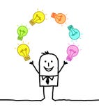 Homme d'affaires Juggling de bande dessinée avec les ampoules colorées illustration libre de droits Homme d'affaires Juggling de bande dessinée avec les ampoules colorées illustration libre de droits