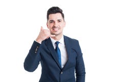 Homme d'affaires ou vendeur me faisant à l'appel geste photos stock Homme d'affaires ou vendeur me faisant à l'appel geste photos stock