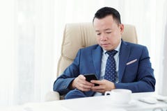 Homme d'affaires utilisant le t?l?phone portable au bureau image libre de droits Homme d'affaires utilisant le t?l?phone portable au bureau image libre de droits