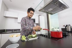 Homme de sourire faisant cuire dans la cuisine à la maison Image libre de droits Homme de sourire faisant cuire dans la cuisine à la maison Image libre de droits