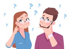 Homme et femme confus Jeunes couples pensant une question, un homme plat et une femelle, personnages de dessin animé dans le dout illustration libre de droits Homme et femme confus Jeunes couples pensant une question, un homme plat et une femelle, personnages de dessin animé dans le dout illustration libre de droits