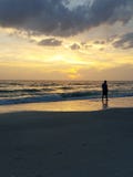 Homme marchant dans le ressac à la plage d'île de trésor en Floride du sud au coucher du soleil images libres de droits Homme marchant dans le ressac à la plage d'île de trésor en Floride du sud au coucher du soleil images libres de droits