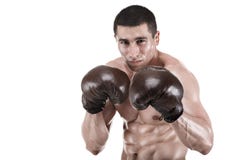 Homme musculaire, boxeur posant dans le studio dans les gants, d'isolement sur le fond blanc photo stock Homme musculaire, boxeur posant dans le studio dans les gants, d'isolement sur le fond blanc photo stock