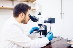Homme, scientifique masculin, chimiste travaillant avec le microscope dans le laboratoire pharmaceutique, échantillons de examen photographie stock Homme, scientifique masculin, chimiste travaillant avec le microscope dans le laboratoire pharmaceutique, échantillons de examen photographie stock