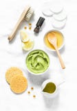 Honey and avocado face mask on light background, top view. Beauty, youth, skin care concept. royalty free stock images Honey and avocado face mask on light background, top view. Beauty, youth, skin care concept. royalty free stock images