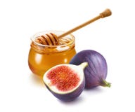 Honey pot with dipper and fresh fig isolated on white background royalty free stock photo Honey pot with dipper and fresh fig isolated on white background royalty free stock photo
