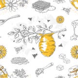 Honey sketch pattern. Hand drawn honeycomb and beehive seamless background with flowers and bees. Vector honey poster royalty free illustration Honey sketch pattern. Hand drawn honeycomb and beehive seamless background with flowers and bees. Vector honey poster royalty free illustration