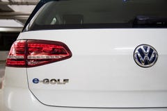 Hong Kong, Hong Kong - 25 April 2018: Close-up of Volkswagen VW logo badge, taillights and details on the rear of a white e-Golf.