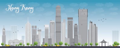 Hong Kong linia horyzontu z niebieskim niebem i taxi ilustracja wektor Hong Kong linia horyzontu z niebieskim niebem i taxi ilustracja wektor