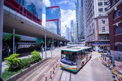 Hong Kong tramways, Hong Kong`s trams run in two directions -- east and west. Passengers lean back as a Hong Kong tram stock photo Hong Kong tramways, Hong Kong`s trams run in two directions -- east and west. Passengers lean back as a Hong Kong tram stock photo