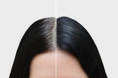Hoofd van een meisje met zwart grijs haar Geïsoleerd over wit Before and after royalty-vrije stock fotografie Hoofd van een meisje met zwart grijs haar Geïsoleerd over wit Before and after royalty-vrije stock fotografie