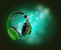 Hoofdtelefoons met magisch van muziek Groene hoofdtelefoons en groene abstracte lichten Stock Afbeelding Hoofdtelefoons met magisch van muziek Groene hoofdtelefoons en groene abstracte lichten Stock Afbeelding