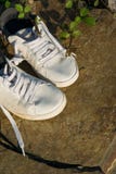 Hoogste mening van witte tennisschoenen op een bergrots stock afbeelding Hoogste mening van witte tennisschoenen op een bergrots stock afbeelding