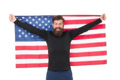 Hooray, su Día de la Independencia Hombre barbudo que sostiene la bandera americana el Día de la Independencia Inconformista feli fotografía de archivo libre de regalías Hooray, su Día de la Independencia Hombre barbudo que sostiene la bandera americana el Día de la Independencia Inconformista feli fotografía de archivo libre de regalías