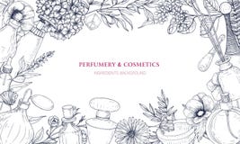 Horizontal backdrop with frame made of perfume and fragrance ingredients in flasks and blooming flowers hand drawn with stock illustration Horizontal backdrop with frame made of perfume and fragrance ingredients in flasks and blooming flowers hand drawn with stock illustration