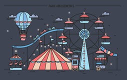 Horizontal banner with amusement park. Circus, ferris wheel, attractions, side view with aerostat in air. Colorful line vector illustration Horizontal banner with amusement park. Circus, ferris wheel, attractions, side view with aerostat in air. Colorful line vector illustration