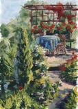 Horizontal d'aquarelle Jardin d'été avec de jeunes arbres, une table de petit déjeuner confortable Fond pour des cartes postales illustration de vecteur Horizontal d'aquarelle Jardin d'été avec de jeunes arbres, une table de petit déjeuner confortable Fond pour des cartes postales illustration de vecteur
