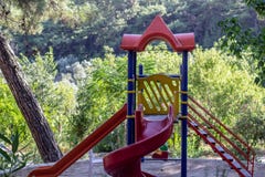 Horizontal front wide shot of colorful play ground for children stock image Horizontal front wide shot of colorful play ground for children stock image