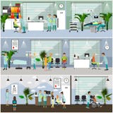 Horizontale vectorbanners met artsen en het ziekenhuisbinnenland Het concept van de geneeskunde Patiënten die medische controle o stock illustratie Horizontale vectorbanners met artsen en het ziekenhuisbinnenland Het concept van de geneeskunde Patiënten die medische controle o stock illustratie