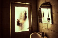 Horror Woman In Window Wood Hand Hold Cage Scary Scene Halloween Concept Blurred Silhouette Of Witch Royalty Free Stock Photography
