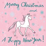 Horse year pink card. Christmas and New Years greetings card with horse cartoon over a grungy background with dots and snowflakes vector illustration Horse year pink card. Christmas and New Years greetings card with horse cartoon over a grungy background with dots and snowflakes vector illustration