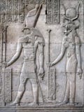 Horus and Hathor, Temple of Kom Ombo, Egypt. Horus, god of the sky, with Hathor, protective goddess of love and joy. In Temple of Kom Ombo, Egypt Horus and Hathor, Temple of Kom Ombo, Egypt. Horus, god of the sky, with Hathor, protective goddess of love and joy. In Temple of Kom Ombo, Egypt