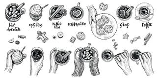Hot drinks with holding hands top view, vector illustration. Set of hand drawn beverages. vector illustration Hot drinks with holding hands top view, vector illustration. Set of hand drawn beverages. vector illustration